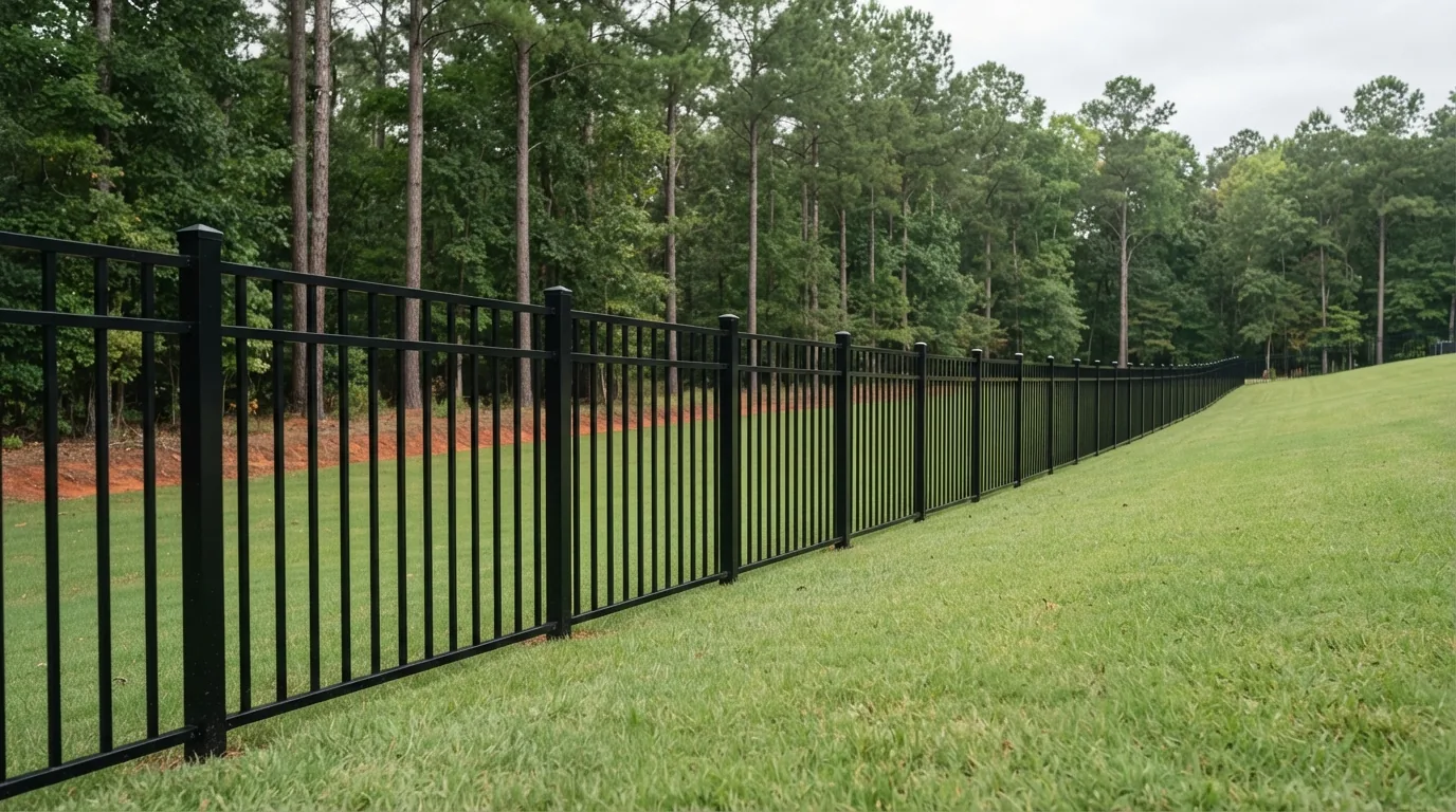 Black ornamental aluminum fence following the grade of a Midlands back yard
