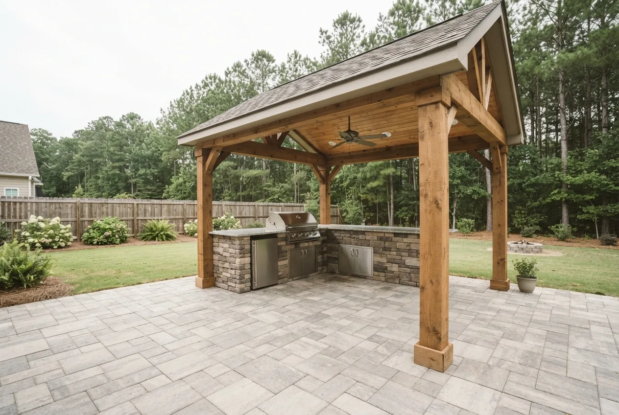 Fully covered outdoor kitchen under a gable-roof pavilion