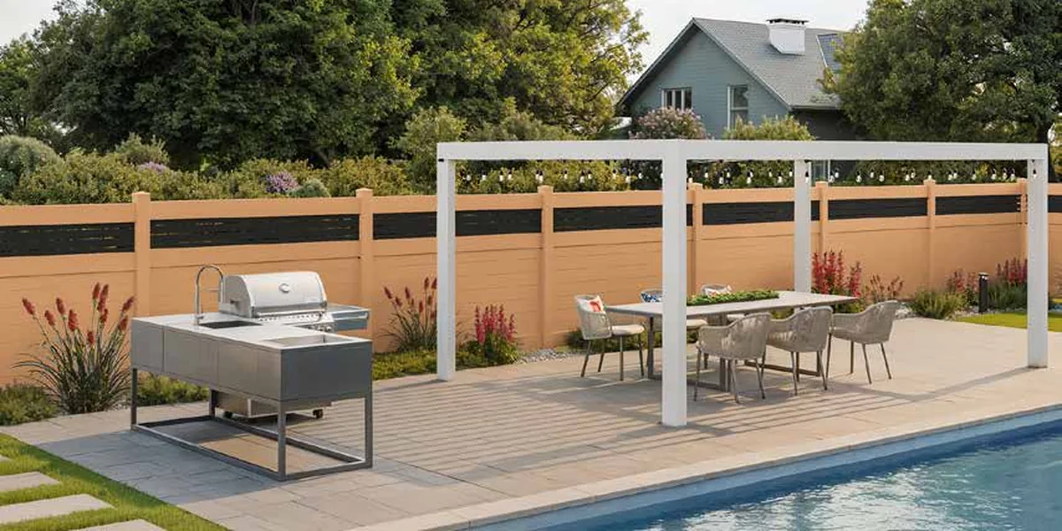 Savannah fence: cedar-toned vinyl privacy panels with a black horizontal screen band across the top, along a pool deck