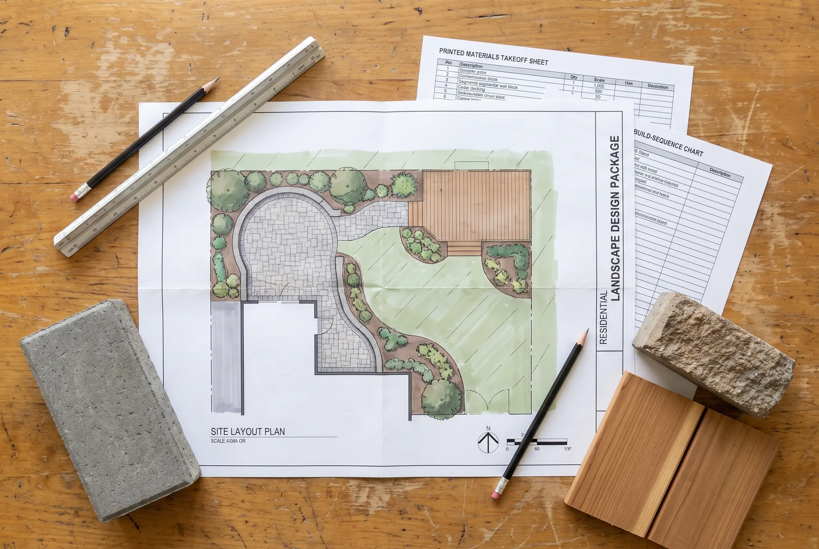 Landscape design plan set, materials takeoff, and sequencing chart on a table