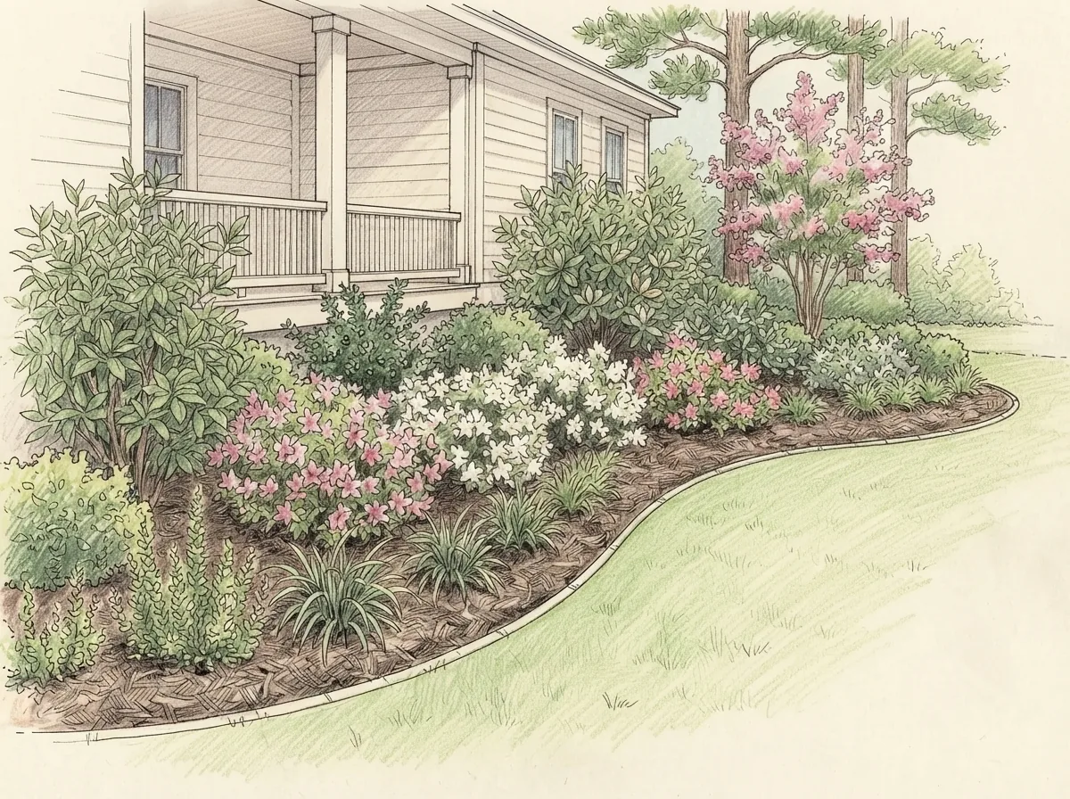 Stone walkway and planting beds in a designed Midlands backyard