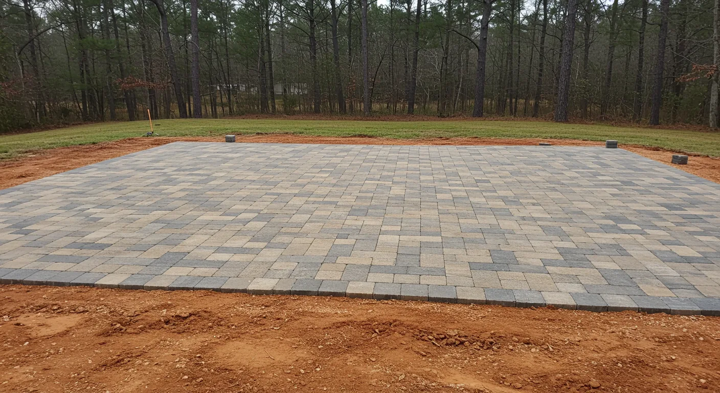 Paver patio built as part of a full outdoor-living project