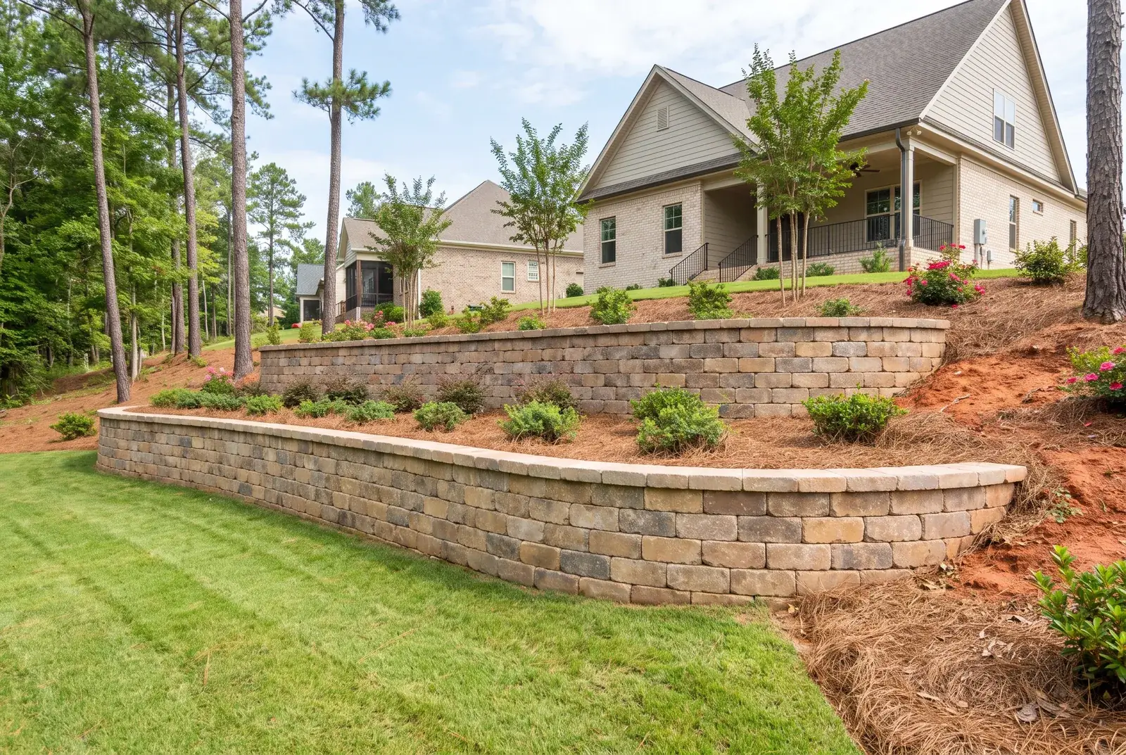 Terraced retaining walls stepping down a slope with planting beds