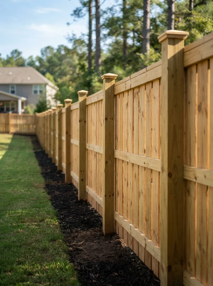 Framed board-on-board wood fence