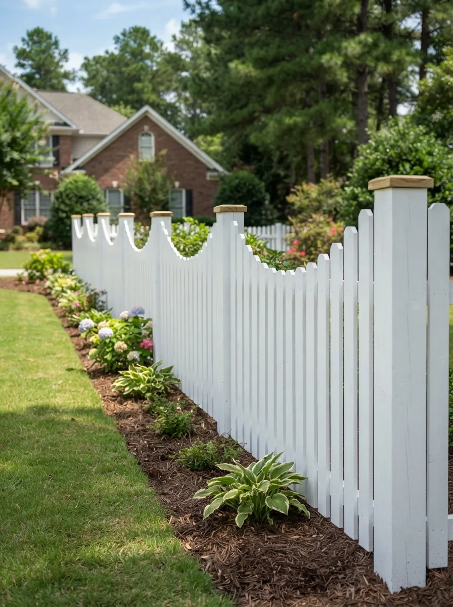 Scalloped picket wood fence