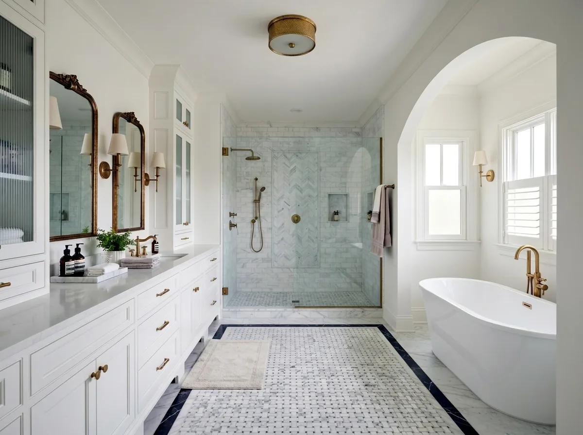 Luxury bathroom with a freestanding soaking tub and premium stone