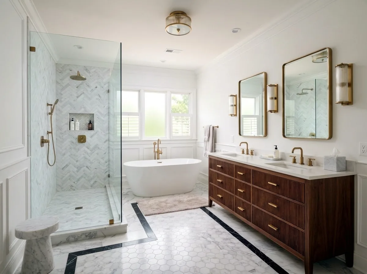 Luxury bathroom with a custom vanity and premium stone